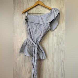 Antonio Melani Audrey Slate & White Striped One-Shoulder Blouse Size L NWT